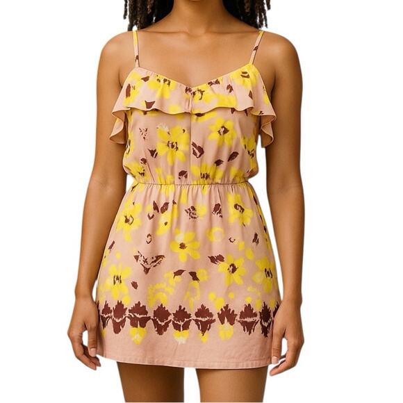 Tibi Silk Floral Abstract Mini Ruffle Tunic Dress Size 8 Yellow Pink Floral - Picture 1 of 14